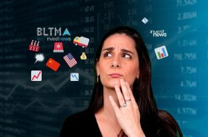 Mulher pensativa olha para cima, com ícones de finanças e geopolítica em fundo de dados de mercado.