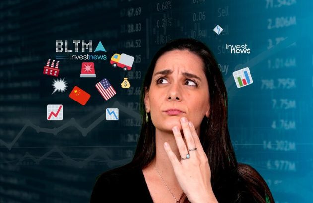 Mulher pensativa olha para cima, com ícones de finanças e geopolítica em fundo de dados de mercado.