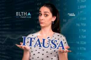 Mulher apresenta 'ITAÚSA' com as mãos em cenário financeiro digital com gráficos e logos 'investnews'.