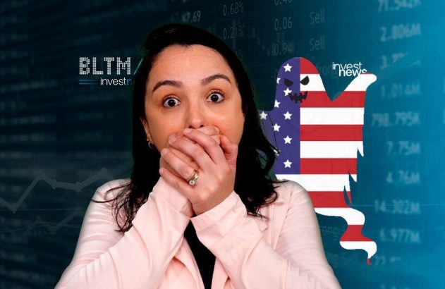 Mulher assustada cobre a boca, com fantasma da bandeira dos EUA e dados financeiros ao fundo.