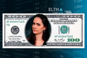 Mulher questionadora em nota de US$100. Fundo com dados financeiros e logos investnews.