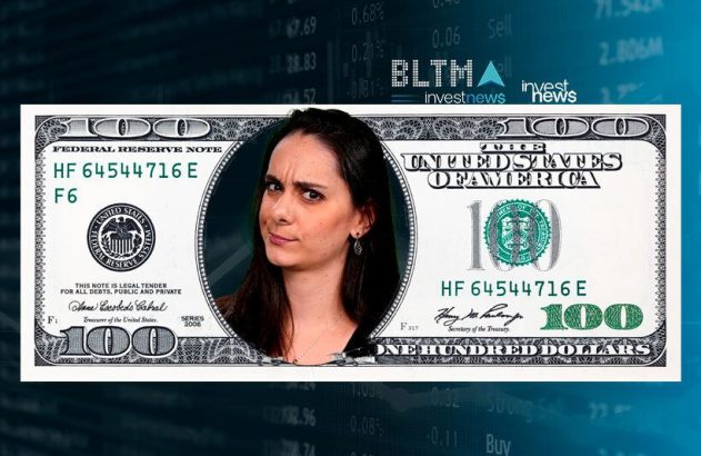 Mulher questionadora em nota de US$100. Fundo com dados financeiros e logos investnews.