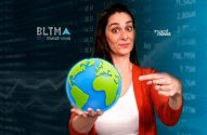 Mulher surpresa segura globo e aponta, sobre fundo de dados financeiros e logos investnews.