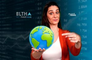 Mulher surpresa segura globo e aponta, sobre fundo de dados financeiros e logos investnews.