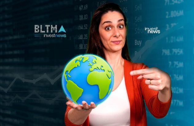 Mulher surpresa segura globo e aponta, sobre fundo de dados financeiros e logos investnews.