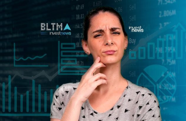 Mulher confusa analisa gráficos financeiros e dados de mercado com logo Investnews.