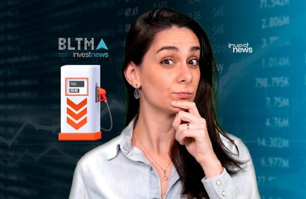 Mulher pensativa, com bomba de combustível exibindo "FUEL 00.00" e fundo de dados financeiros.