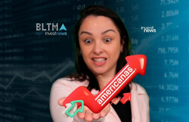 Mulher surpresa segurando seta 'americanas' para cima, com dados financeiros ao fundo.