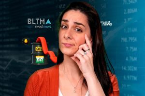 Mulher pensativa observa queda de preço do petróleo (barril e seta). Contexto financeiro e de investimentos.