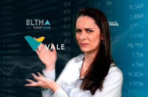 Mulher franzindo a testa gesticula entre logos "BLTMA investnews" e "VALE" em fundo financeiro.