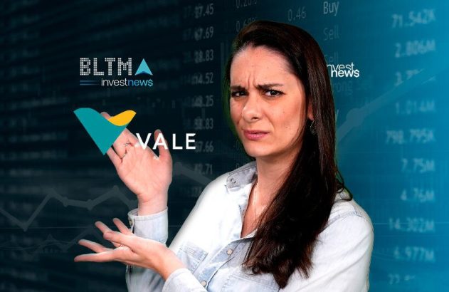 Mulher franzindo a testa gesticula entre logos "BLTMA investnews" e "VALE" em fundo financeiro.