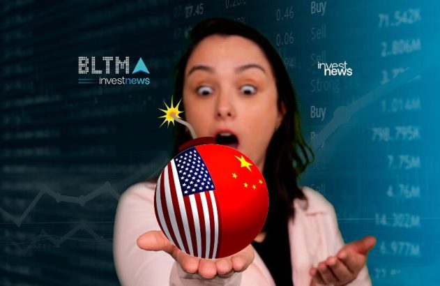 Mulher chocada segura bomba EUA/China com fusível aceso, em fundo financeiro e logos Investnews.