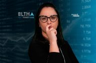 Mulher de óculos pensativa com mão no rosto, sobre fundo de dados financeiros. Logos BLTMA e Investnews.