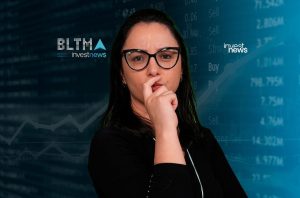 Mulher de óculos pensativa com mão no rosto, sobre fundo de dados financeiros. Logos BLTMA e Investnews.