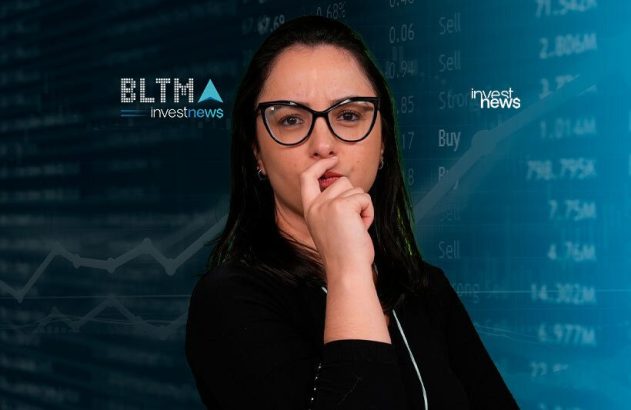 Mulher de óculos pensativa com mão no rosto, sobre fundo de dados financeiros. Logos BLTMA e Investnews.