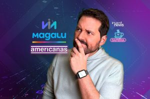 Homem pensativo, mão no queixo, com logos de Via, Magalu e Americanas; contexto de notícias financeiras.