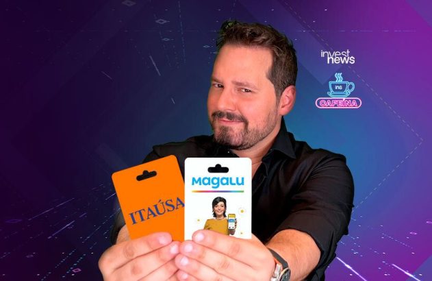 Dony De Nuccio com dois crachas da Magalu e Itausa