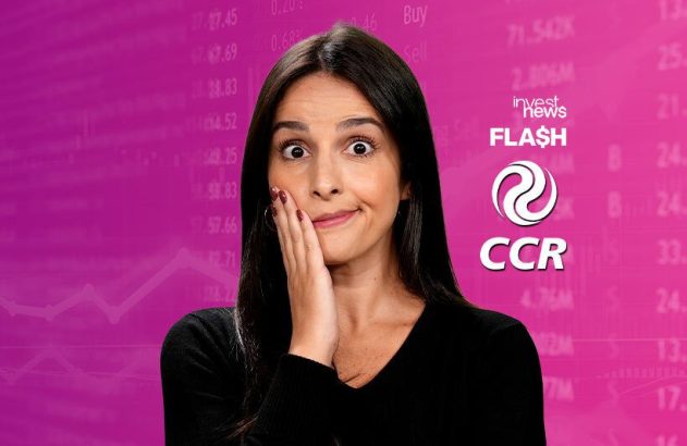 Mulher com expressão perplexa e mão no rosto, sobre fundo financeiro com gráficos e logos invest news, FLASH e CCR.