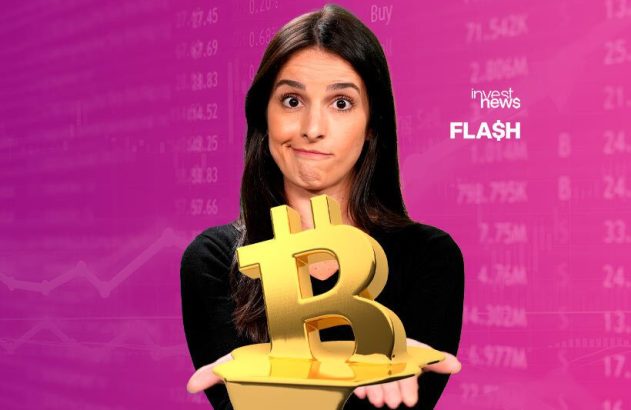 Mulher confusa segura símbolo dourado de Bitcoin. Fundo com dados financeiros e logotipo "Invest News Flash".