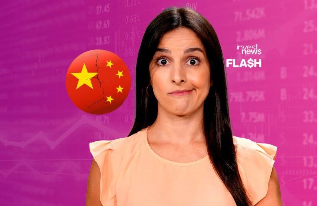 Mulher confusa ao lado de uma bandeira da China rachada, com dados financeiros ao fundo.