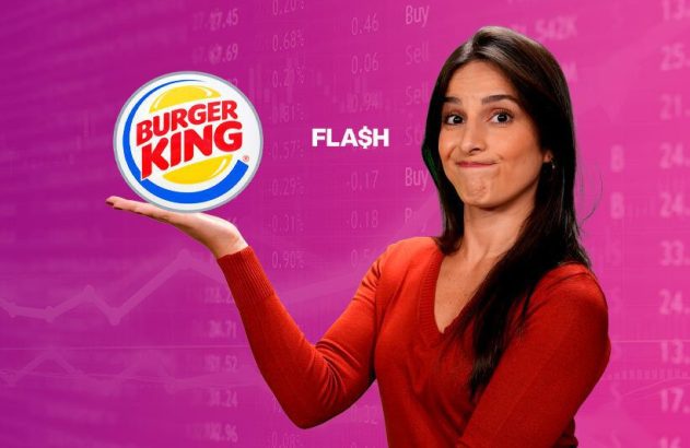 Mulher com expressão curiosa segura logo do Burger King na palma da mão, em fundo roxo com dados financeiros e 'FLASH'.