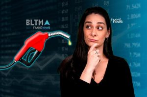 Mulher pensativa, bico de combustível pingando, dados financeiros. Logo Investnews.