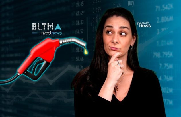 Mulher pensativa, bico de combustível pingando, dados financeiros. Logo Investnews.
