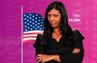Mulher de vestido preto, braços cruzados, com bandeira dos EUA e fundo de dados financeiros e logos 'invest news' e 'FLASH'.