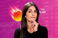 Mulher pensativa com Bitcoin caindo em fundo de gráficos financeiros. Logo "invest news FLASH".