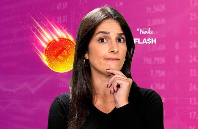 Mulher pensativa com Bitcoin caindo em fundo de gráficos financeiros. Logo "invest news FLASH".