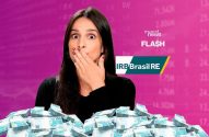 Mulher chocada, pilhas de dinheiro, e fundo financeiro. Logos 'IRB Brasil RE', 'investnews', 'FLASH'.