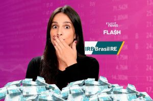 Mulher chocada, pilhas de dinheiro, e fundo financeiro. Logos 'IRB Brasil RE', 'investnews', 'FLASH'.