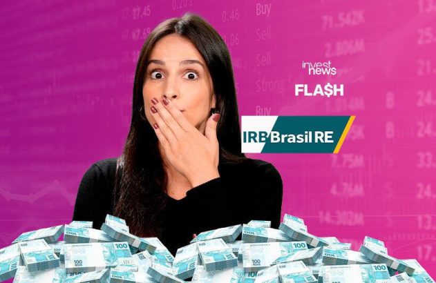 Mulher chocada, pilhas de dinheiro, e fundo financeiro. Logos 'IRB Brasil RE', 'investnews', 'FLASH'.