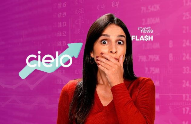 Mulher chocada com alta de 'Cielo' em tela financeira. Logo 'Investnews FLASH'.