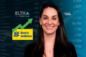 Mulher sorrindo, com logos Investnews e Banco do Brasil (seta de crescimento) em fundo financeiro.