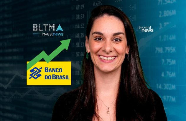Mulher sorrindo, com logos Investnews e Banco do Brasil (seta de crescimento) em fundo financeiro.