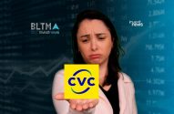 Mulher desapontada apresenta logo CVC na palma da mão. Ao fundo, dados do mercado financeiro e logotipos Investnews.