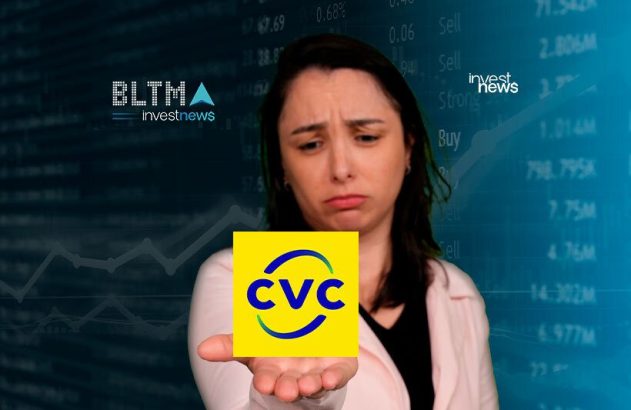 Mulher desapontada apresenta logo CVC na palma da mão. Ao fundo, dados do mercado financeiro e logotipos Investnews.