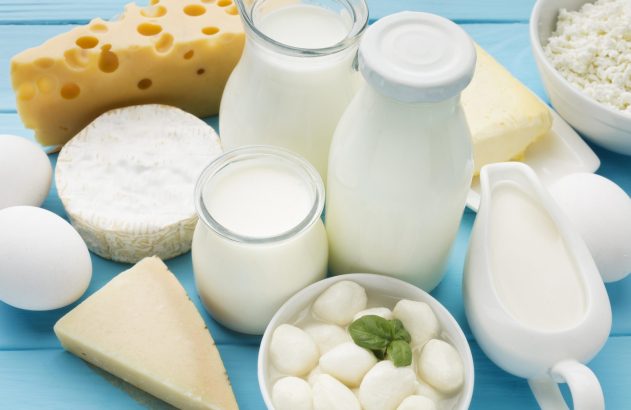 Variedade de laticínios (queijos, leite, manteiga, ricota) e ovos em fundo azul claro.