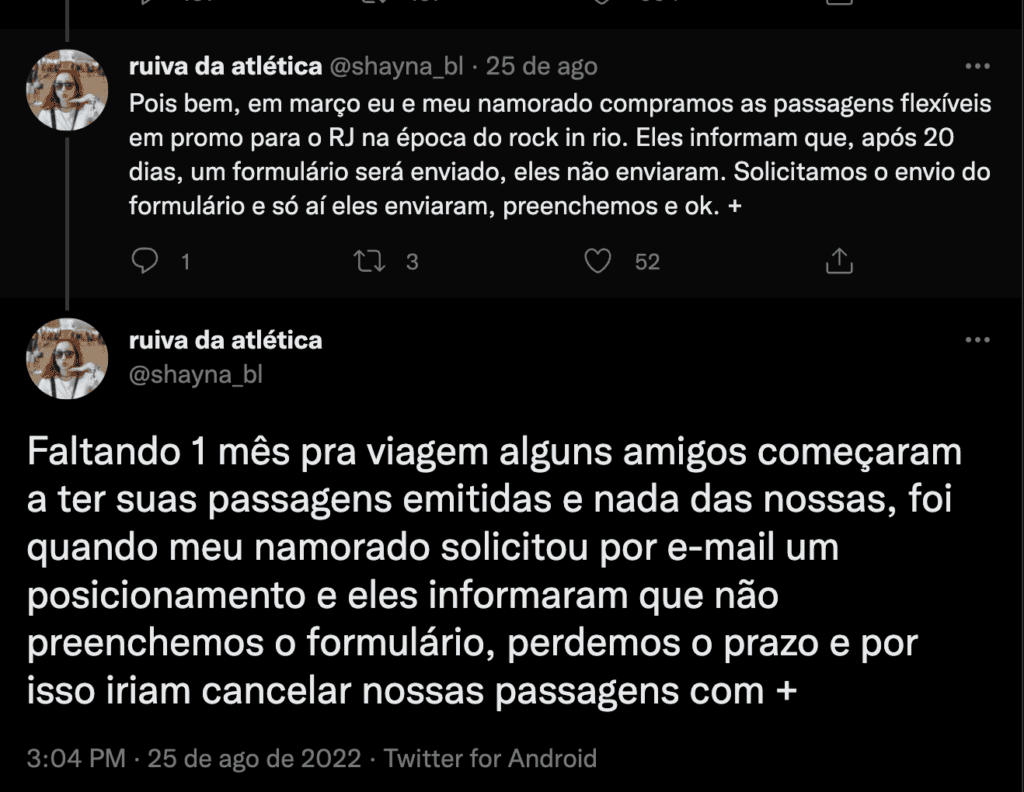 Postagem no Twitter sobre problema com 123 Milhas (Imagem: Reprodução/Twitter)