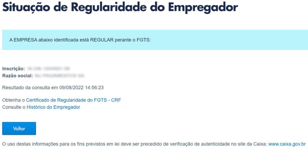 Tela de resultado do CR do FGTS
