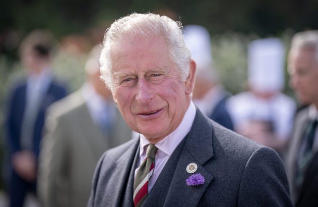 Rei Charles III, de cabelo branco, sorri para a câmera. Veste terno cinza com flor roxa na lapela e broche.