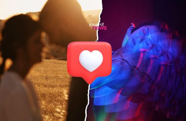 Contraste: mulher calma em campo dourado vs. mulher energética em luzes neon. Rasgo, coração 3D e logo 'invest news'.