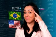Mulher apontando para a cabeça, com bandeiras do Brasil e EUA e logos "investnews" e dados financeiros ao fundo.
