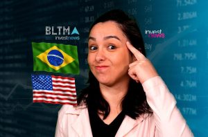 Mulher apontando para a cabeça, com bandeiras do Brasil e EUA e logos "investnews" e dados financeiros ao fundo.