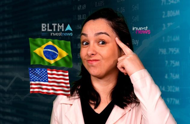 Mulher apontando para a cabeça, com bandeiras do Brasil e EUA e logos "investnews" e dados financeiros ao fundo.