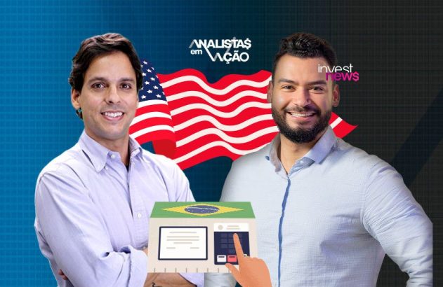 Dois homens. Bandeira dos EUA. Urna eletrônica brasileira com mão votando.
