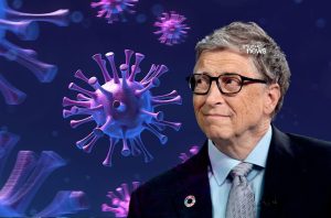 Bill Gates olha para ilustrações 3D de vírus em tons de roxo e azul.