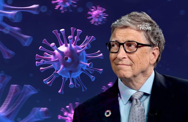 Bill Gates olha para ilustrações 3D de vírus em tons de roxo e azul.