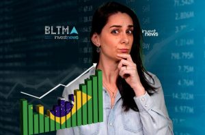 Mulher pensativa observa gráfico 3D de crescimento com bandeira do Brasil em tela de dados financeiros.
